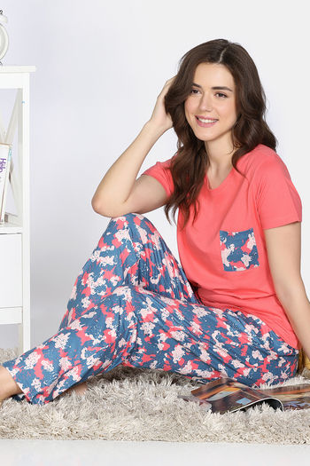 Buy Zivame Knit Poly Pyjama Set - Deep Sea Coral